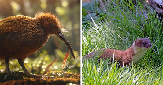Split image showing a kiwi bird in the forest on the left and a stoat in tall grass on the right.