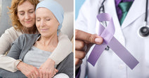 Split image showing a woman embracing a headscarf-wearing patient on the left and a doctor holding a lavender awareness ribbon on the right.