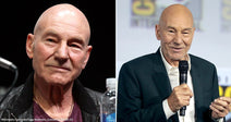 On the left, a bald older man in a leather jacket sits at a panel table; on the right, the same man speaks into a microphone at Comic-Con.