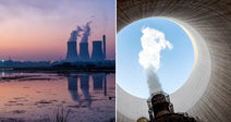 On the left, cooling towers emit steam over a reflective wetland at dusk; on the right, a rusted smokestack rises inside a massive concrete cooling tower.