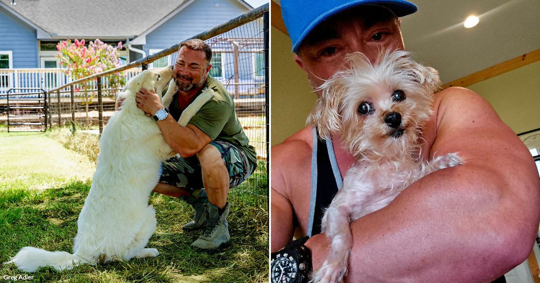 On the left, a muscular man crouches hugging a large white dog outdoors; on the right, a muscular man in a blue cap cradles a tiny white puppy indoors.