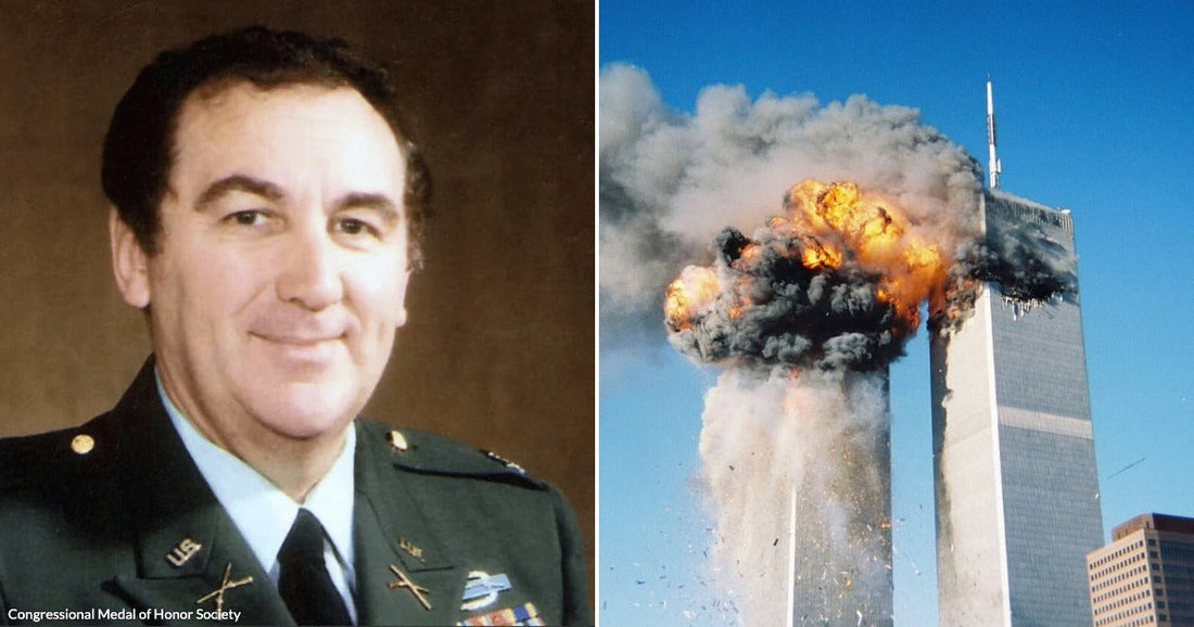 On the left, a middle-aged man in a green military dress uniform smiles for a formal portrait; on the right, the Twin Towers burn dramatically amid smoke and fire.