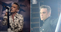 On the left, a man in a butterfly-patterned shirt sings into a microphone on a lit stage; on the right, a man in a dark jacket grips a metal pole.