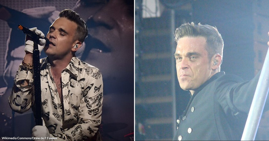 On the left, a man in a butterfly-patterned shirt sings into a microphone on a lit stage; on the right, a man in a dark jacket grips a metal pole.