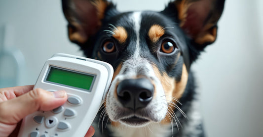 A hand holds a microchip scanner in front of a Jack Russell Terrier type dog.