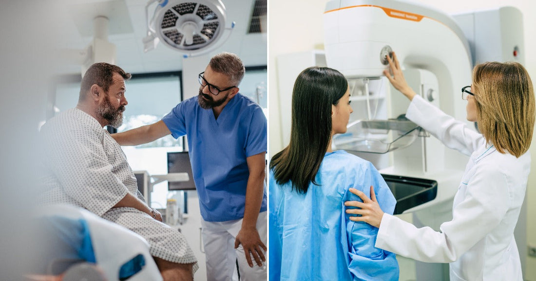 On the left, a bearded man in a hospital gown consults with a scrubs-wearing clinician; on the right, a technician assists a patient at a mammography machine.
