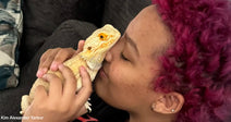 A person with pink hair gently kisses a bearded dragon on their cheek.