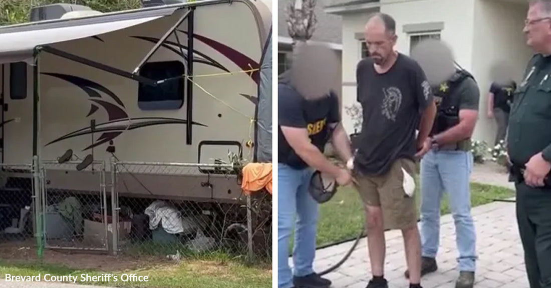 Travel trailer parked behind a fence with clutter around it in a yard. Man in handcuffs being escorted by law enforcement officers outside a home.