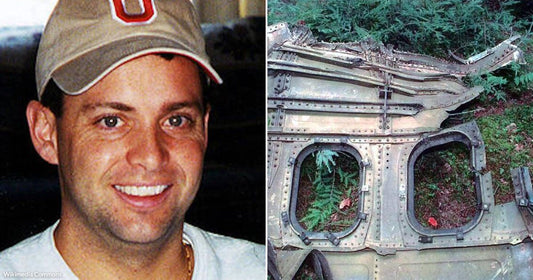 On the left, a smiling young man wearing an Ohio State cap and white shirt; on the right, crumpled aircraft wreckage lies in a wooded area.