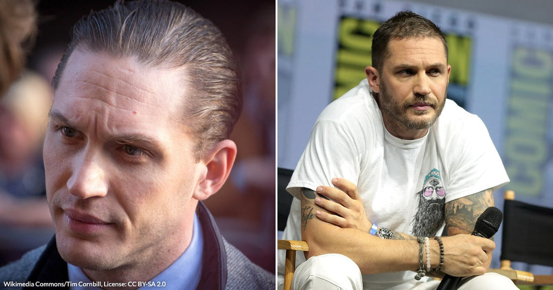 On the left, a man with slicked-back hair wears a suit and tie; on the right, a tattooed man in a white t-shirt holds a microphone at Comic-Con.