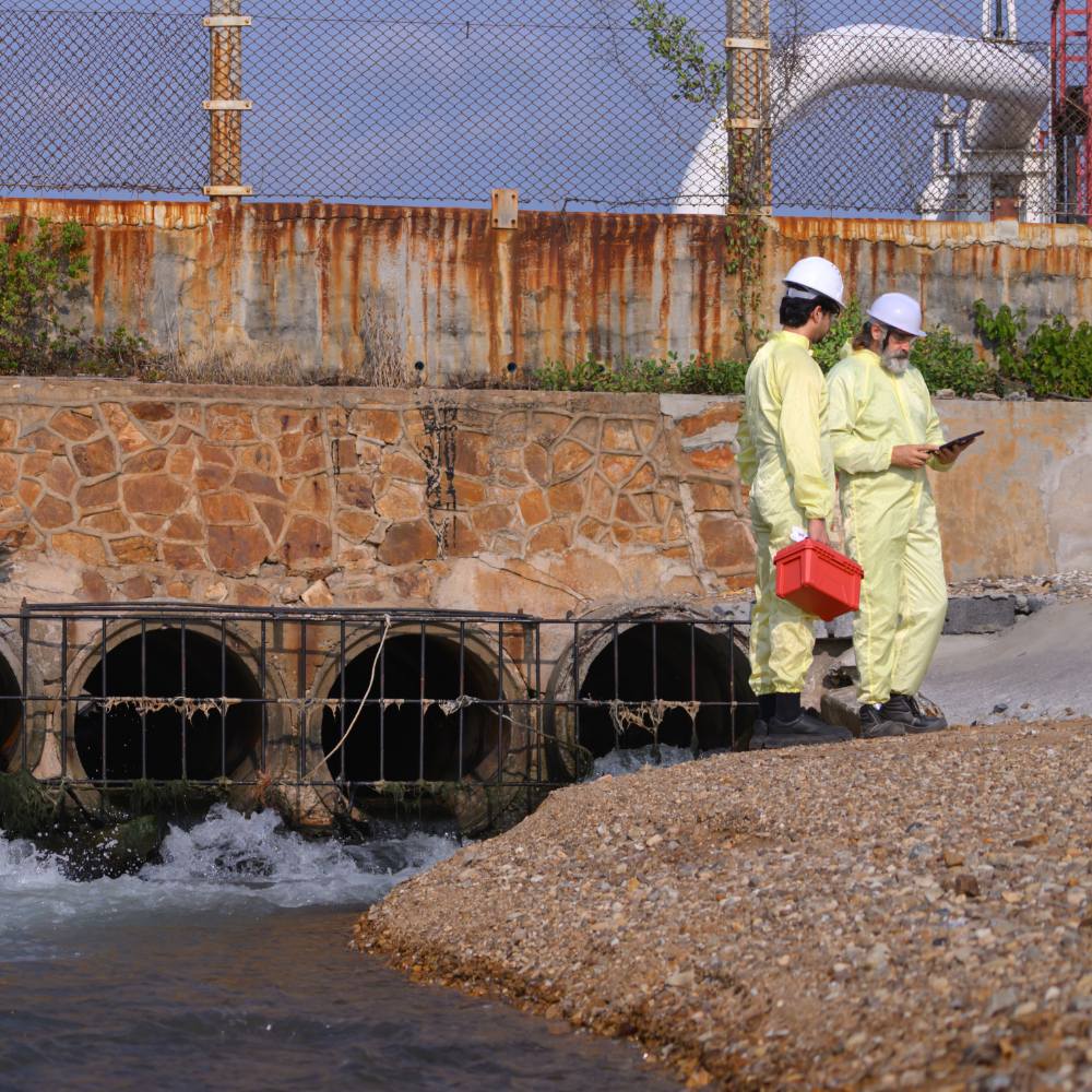 Two workers in yellow hazmat suits and hard hats inspect industrial drainage pipes discharging water near a rusted concrete wall.
