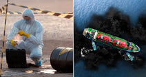 On the left, a hazmat-suited worker examines a leaking barrel behind caution tape; on the right, a ship sails through a large ocean oil spill.