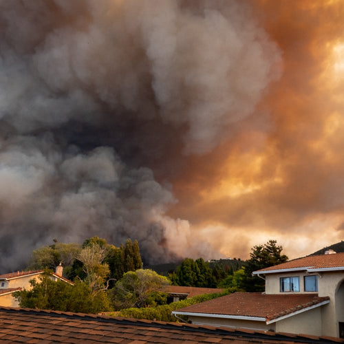 Massive dark smoke clouds from a wildfire billow above a suburban neighborhood of tiled-roof homes and green trees.