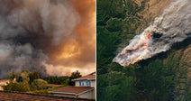 On the left, massive wildfire smoke billows over suburban rooftops; on the right, an aerial satellite view shows the same fire's flames and smoke plume.