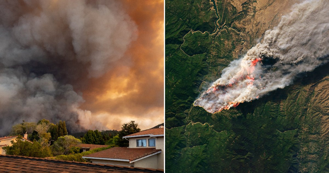 On the left, massive wildfire smoke billows over suburban rooftops; on the right, an aerial satellite view shows the same fire's flames and smoke plume.