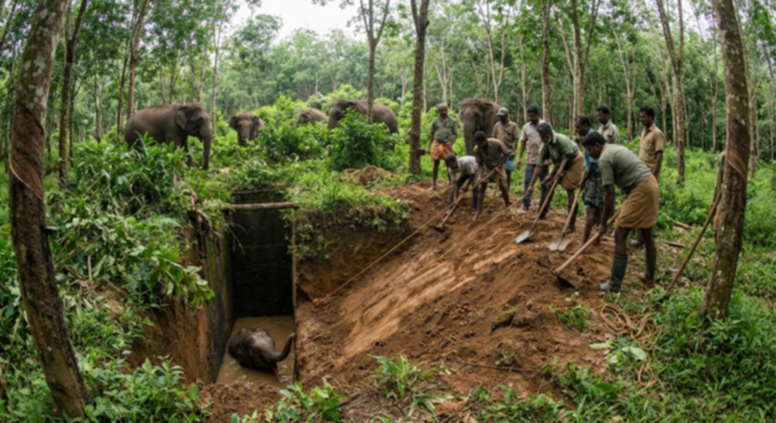 Workers assist a trapped elephant while others observe in the forest.