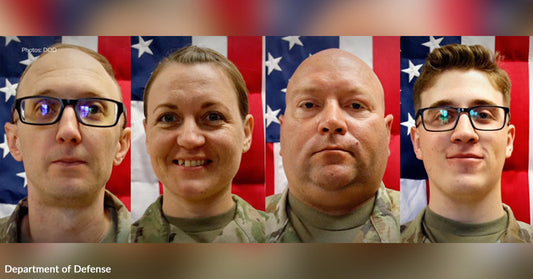 Four U.S. Army service members posing in front of an American flag for official portraits.
