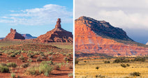 Split image showing red rock buttes on one side and a sunlit mesa and grassland on the other.