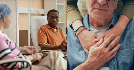 On the left, two people sit in recliners in a medical infusion setting, conversing; on the right, an older man is embraced warmly from behind by another person.