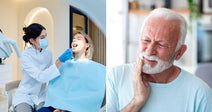 On the left, a masked dental professional examines a seated patient in a clinic; on the right, an older man with white hair grimaces while holding his jaw in pain.