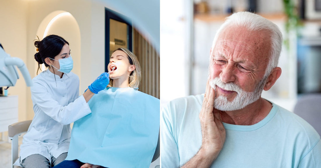 On the left, a masked dental professional examines a seated patient in a clinic; on the right, an older man with white hair grimaces while holding his jaw in pain.