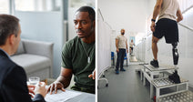 Split image showing a veteran meeting with an official at a desk on the left and a person with a prosthetic leg using rehab stairs on the right.