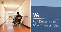 On the left, a person in a wheelchair moves down a hospital corridor; on the right, a U. S.