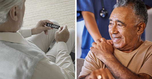 Split image showing an older man in a wheelchair holding a U.S. Army name patch on the left, and a smiling older man receiving a reassuring touch on the shoulder from a caregiver on the right.
