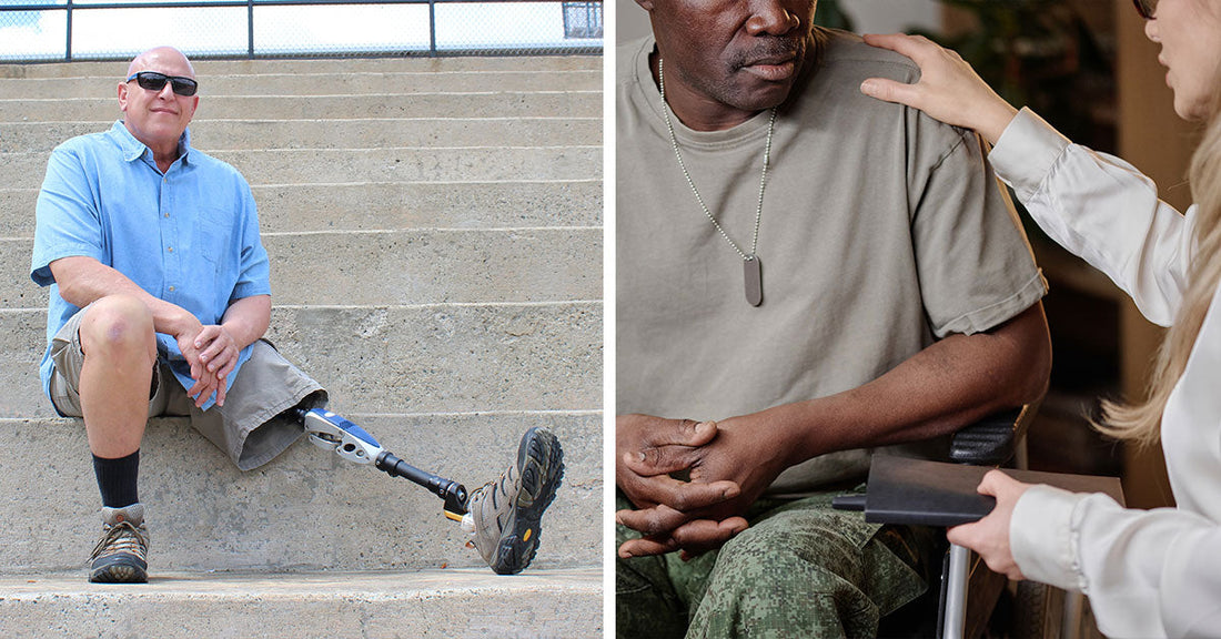 Split image showing a man with a prosthetic leg seated on steps beside a veteran receiving support from a woman during a conversation.