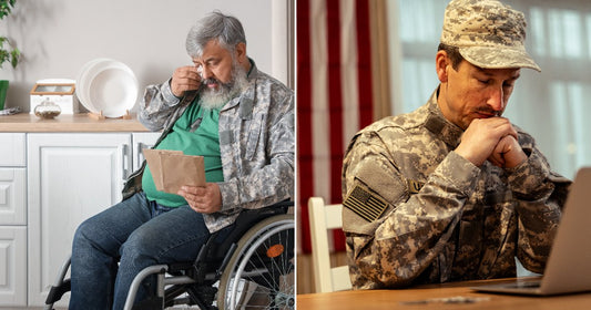 On the left, a bearded older veteran in a wheelchair wipes tears while reading a letter in a kitchen; on the right, a uniformed soldier sits pensively before a laptop.