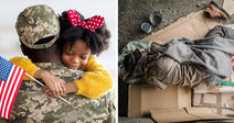 A soldier hugs a child with a flag beside a homeless person on cardboard.