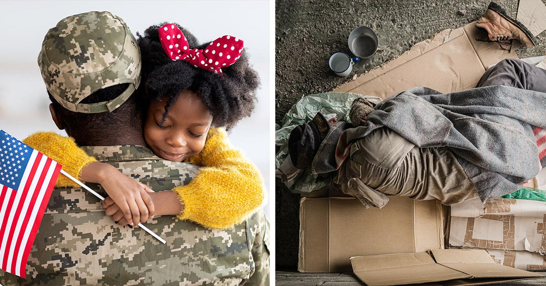 A soldier hugs a child with a flag beside a homeless person on cardboard.