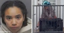 Mugshot of a woman with a neutral expression against a plain background. Person sitting behind a railing on a porch with their face obscured.
