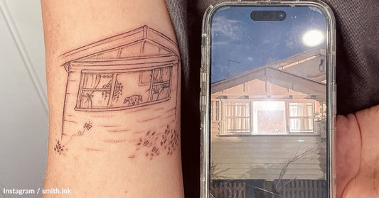 Tattoo of a house with a dog beside a photo of the actual house.