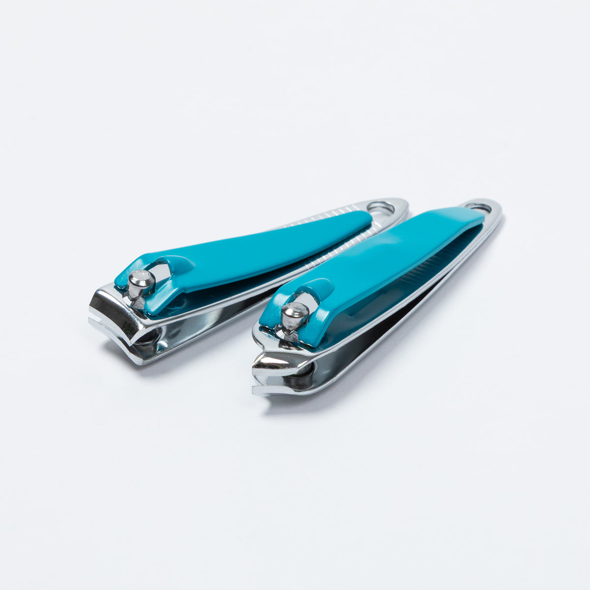 A pair of nail clippers with bright turquoise blue handles and polished silver metal blades, shown on a clean white background.