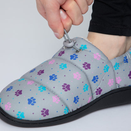 Paw Print Puffy Fleece-Lined Slippers with Toggle