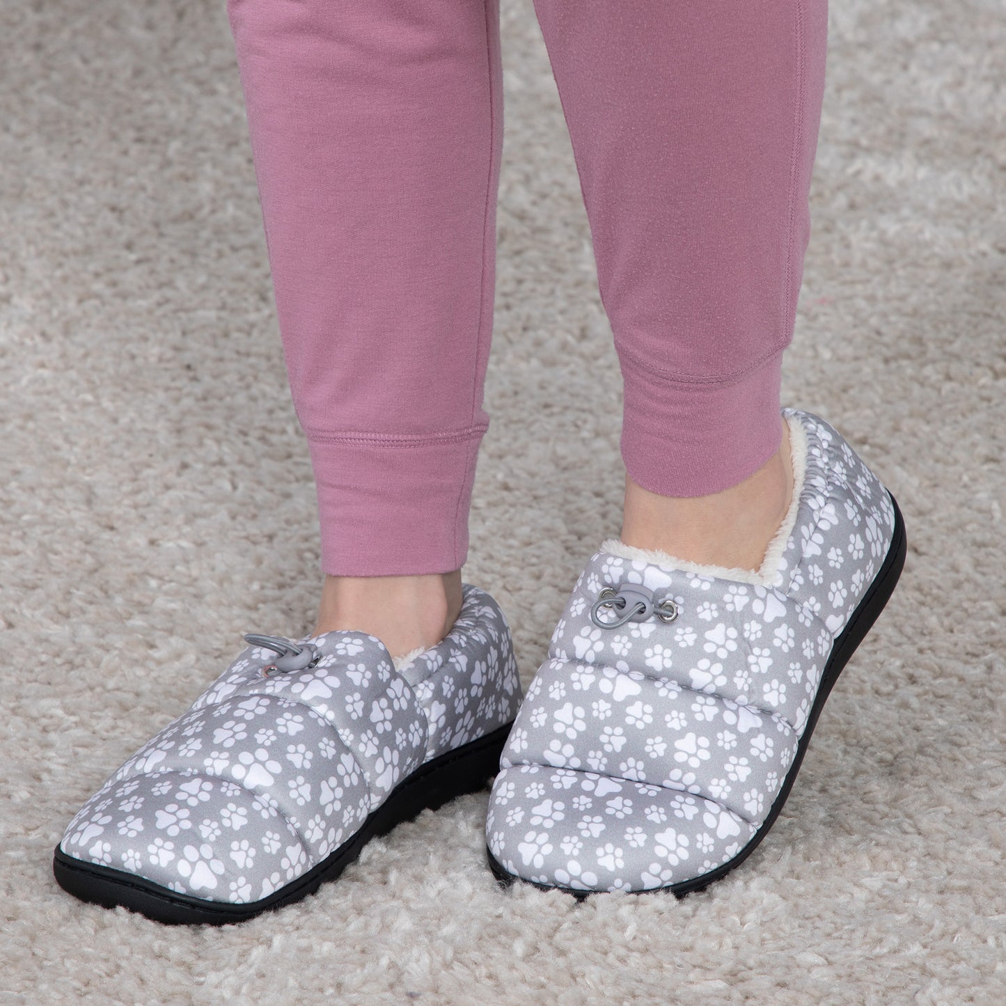 Paw Print Puffy Fleece-Lined Slippers with Toggle