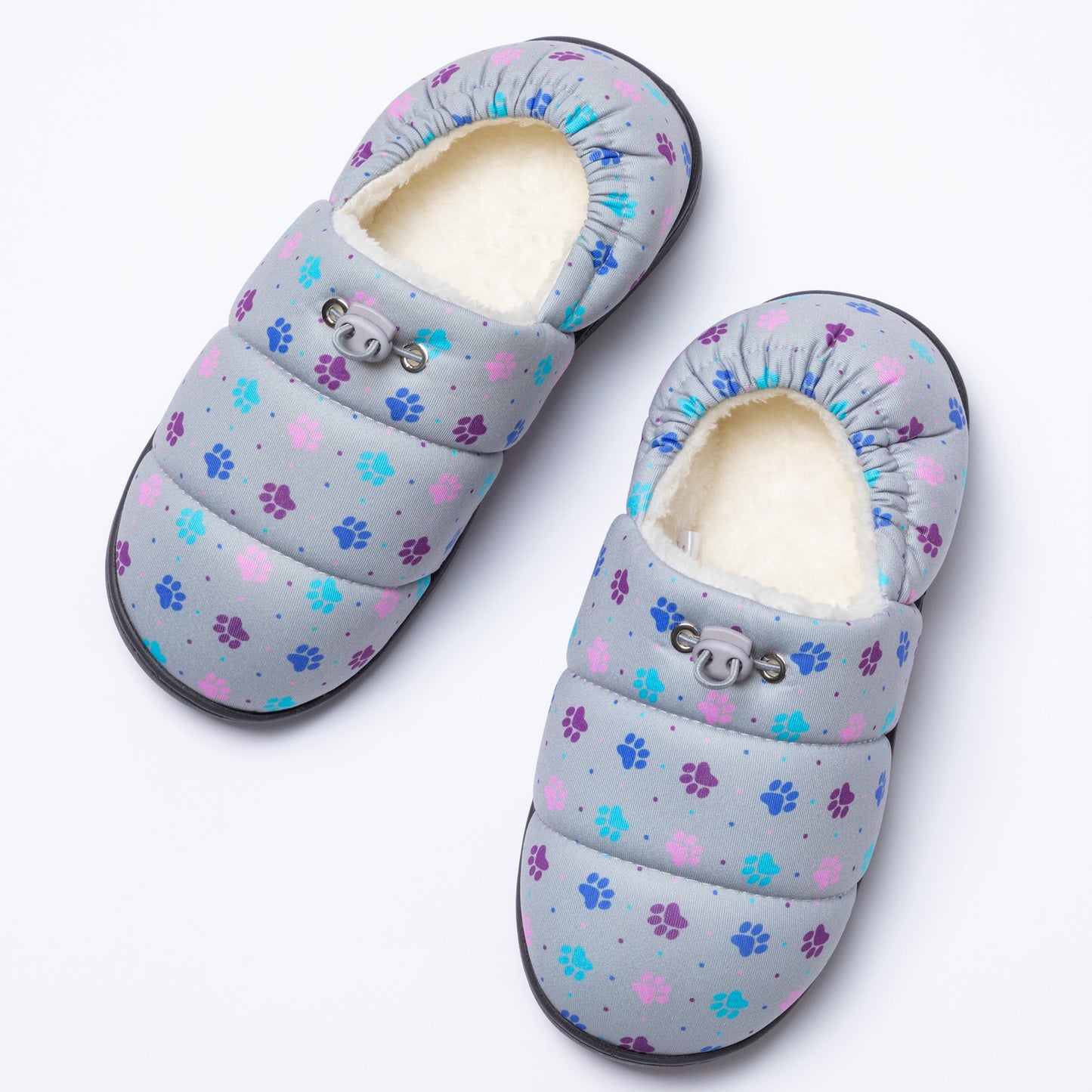 Paw Print Puffy Fleece-Lined Slippers with Toggle