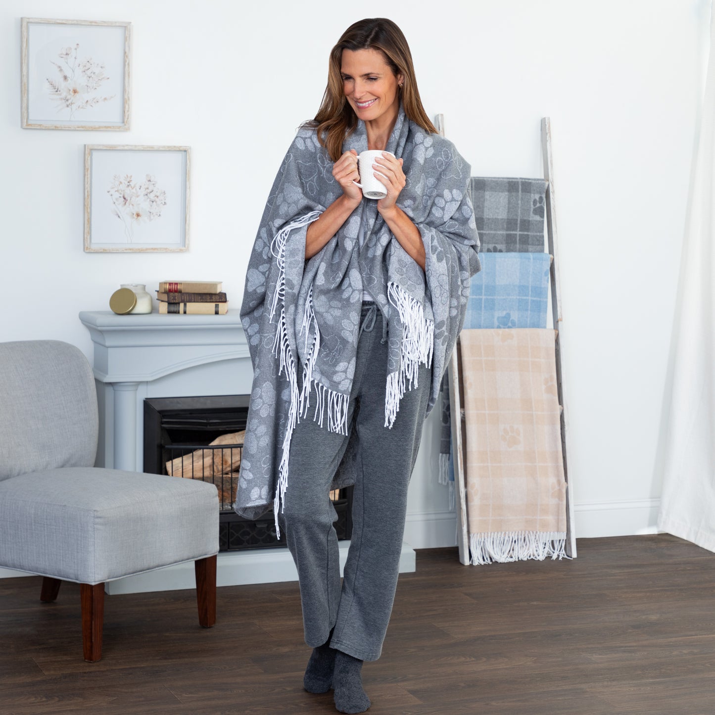 Paw Print Cotton Blend Throw Blanket with Fringe - 70” x 56”