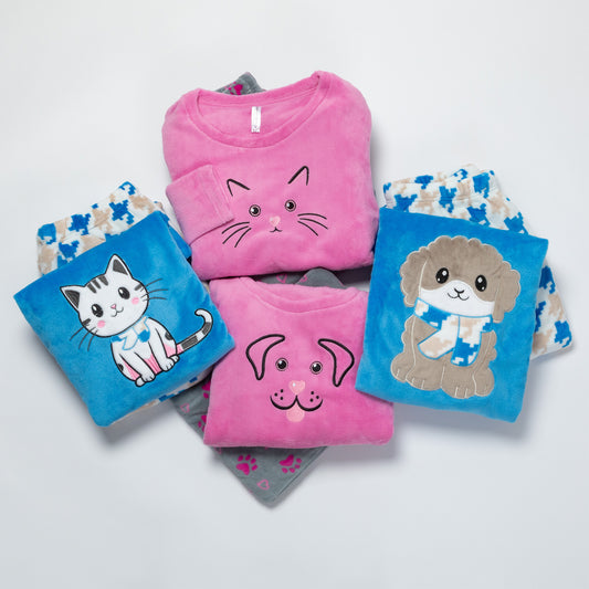 A collection of plush, warm pajama sets designed with cute dog and cat embroidery on a white background.
