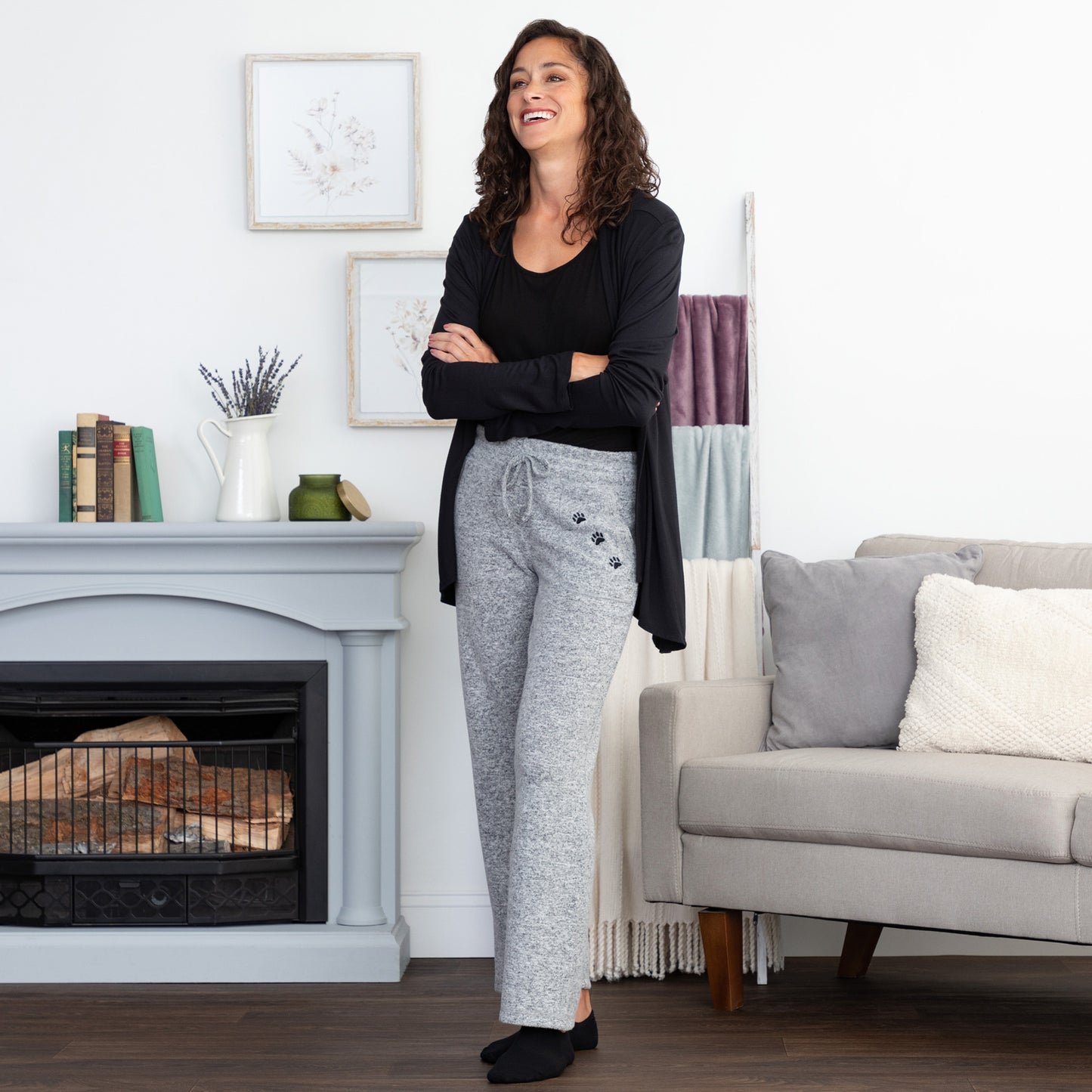 Heather Gray Paw Print Drawstring Knit Pants