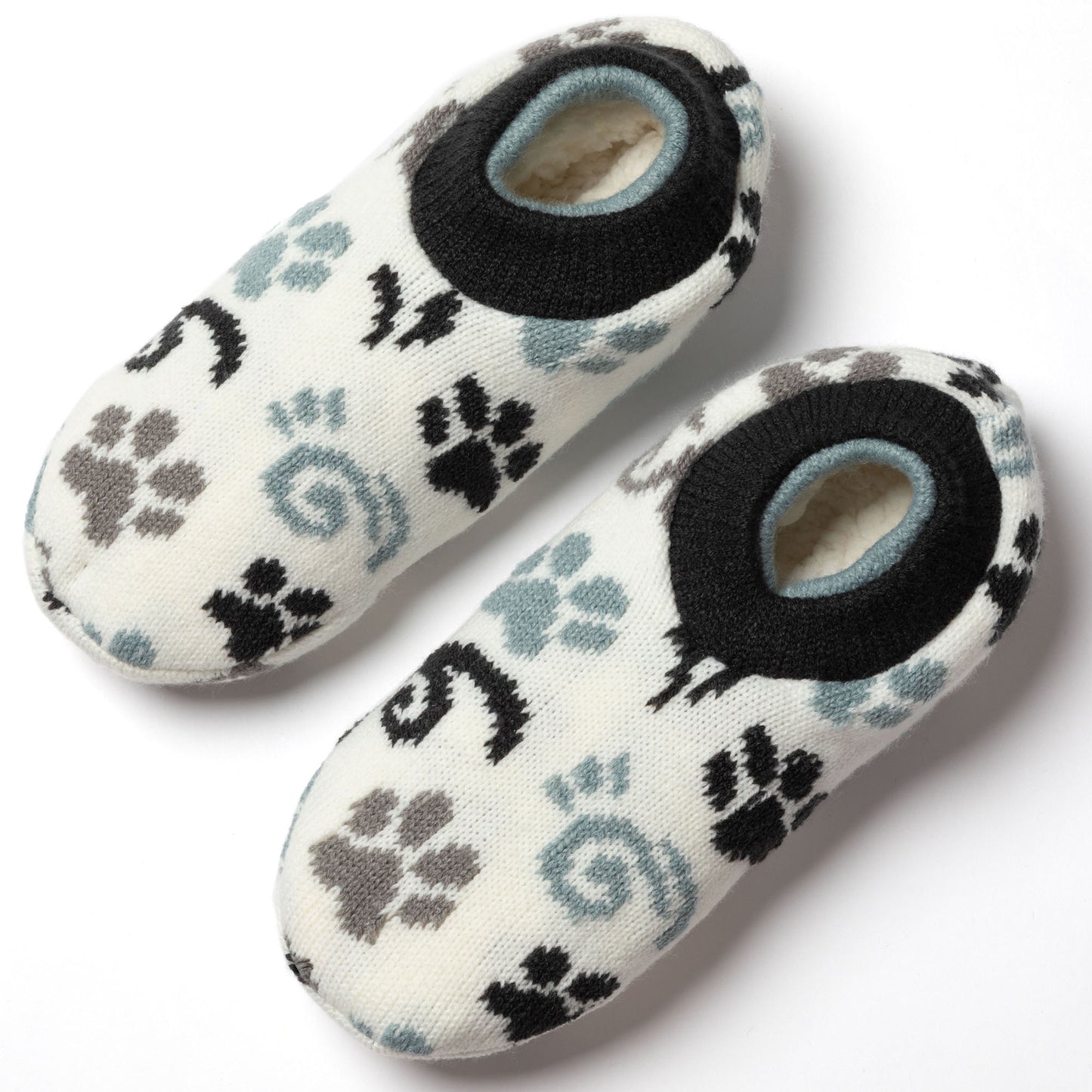 pair of white, blue, gray paw patterned knitted slipper socks, white background, showing plush interior blue gray paws swirls