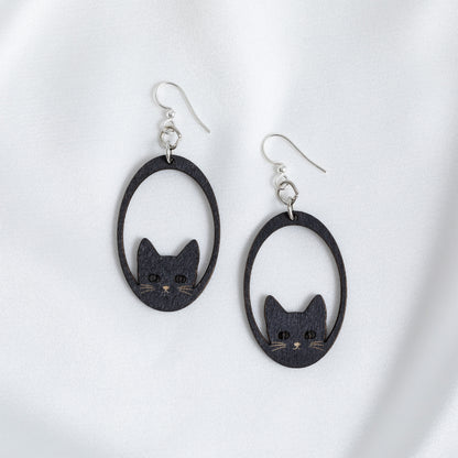 Sneaky Black Cat Wooden Earrings