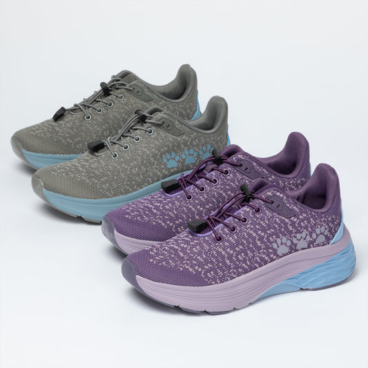 Pair of gray and purple running shoes with blue accents on a white background Paw Print Cushioned Walking Shoes with  adjustable Bungee Laces