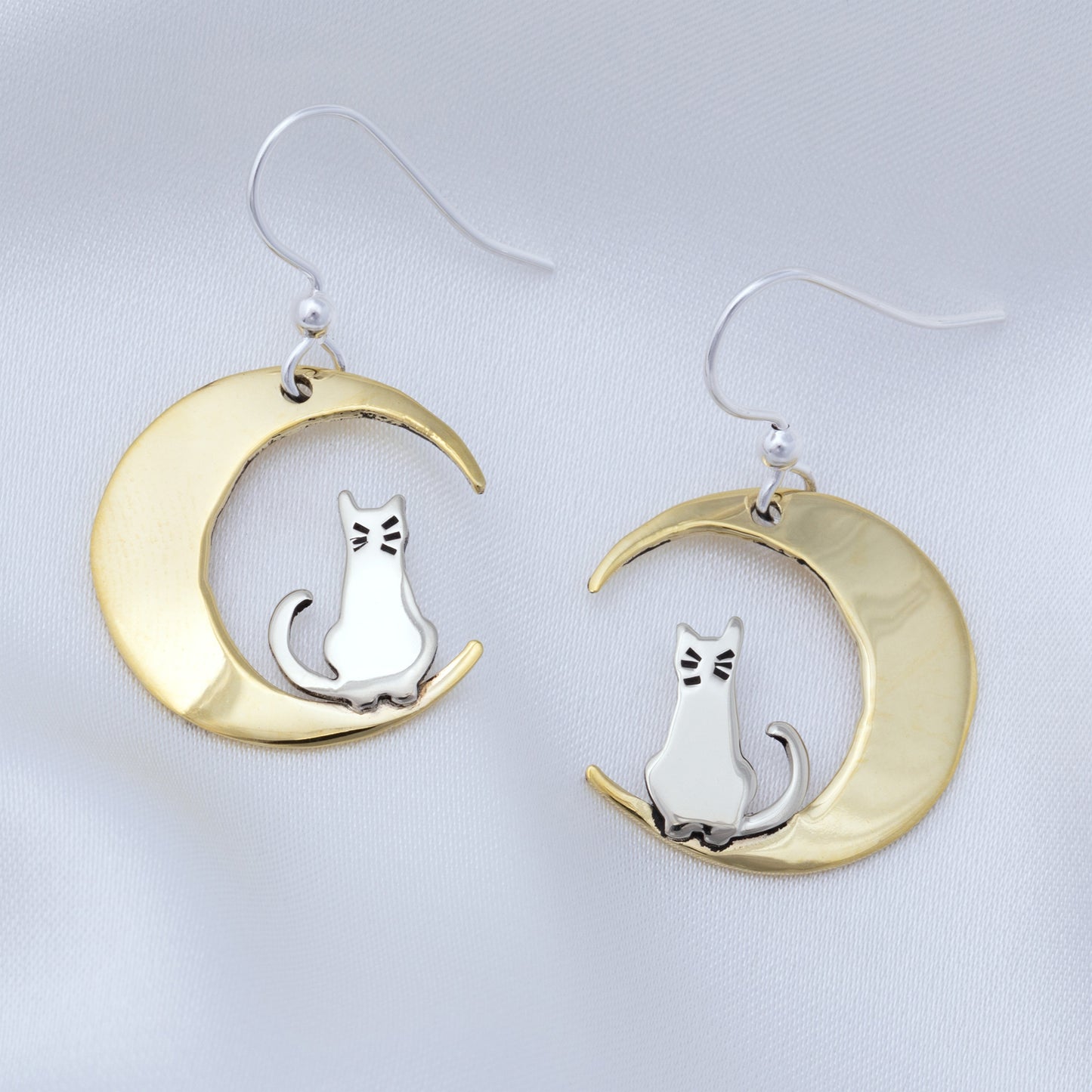 Mixed Metal Cat in the Moon Earrings