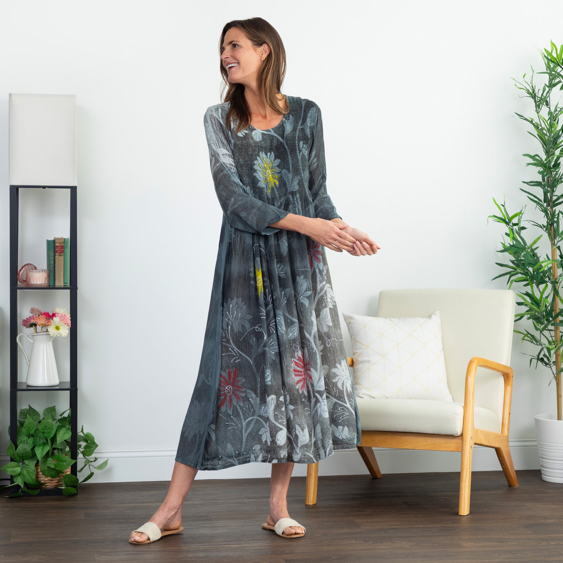 floral midi dress with 3 4 sleeves Brown Floral Print 3/4 Sleeve Button Front Self Tie Waist Midi Dress