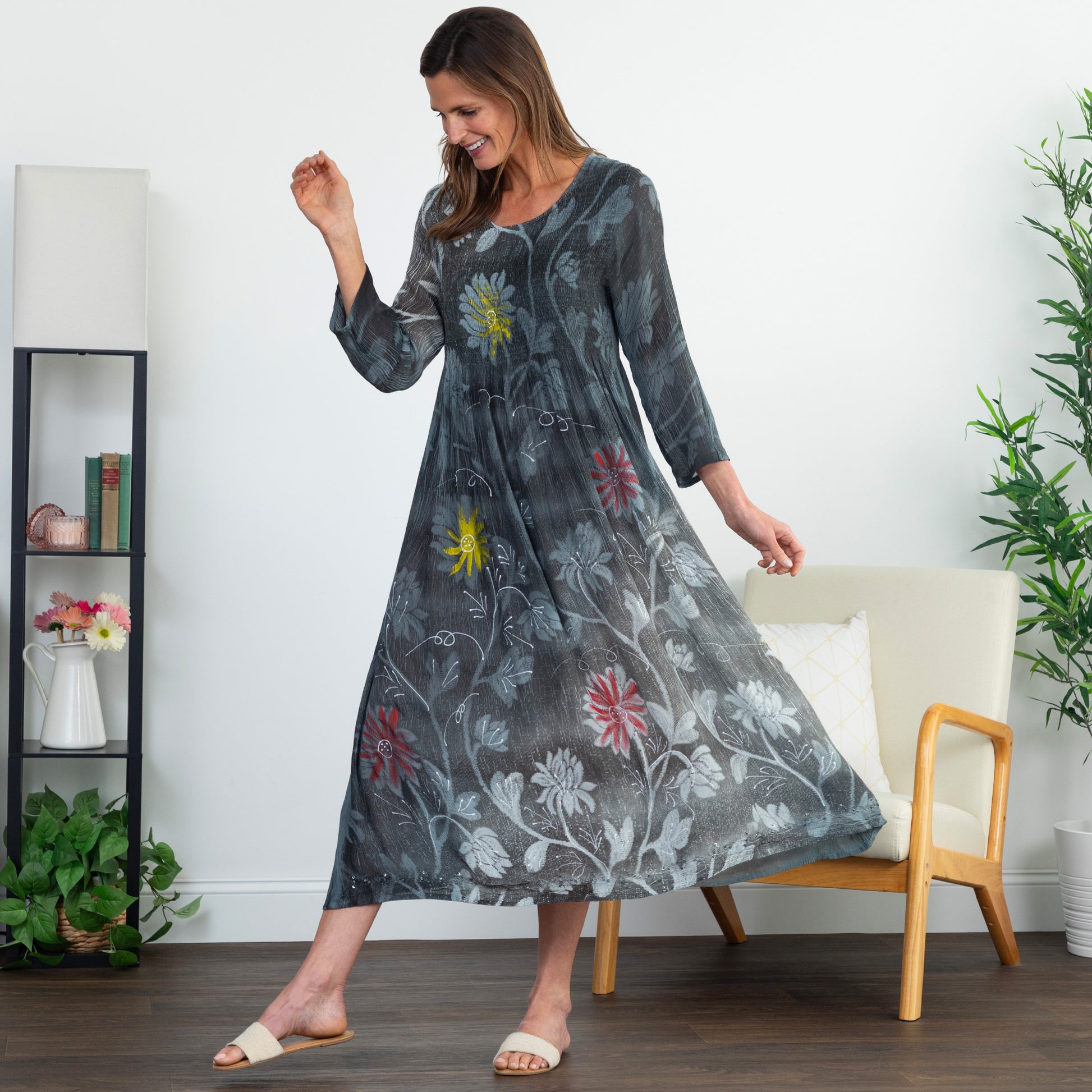 floral midi dress 3 4 sleeve Chiclily Women's Midi Dress 3/4 Sleeve Flare A-line Long Maxi Dress with Pockets for Spring Fall, Yellow White Flower L, Size: Large