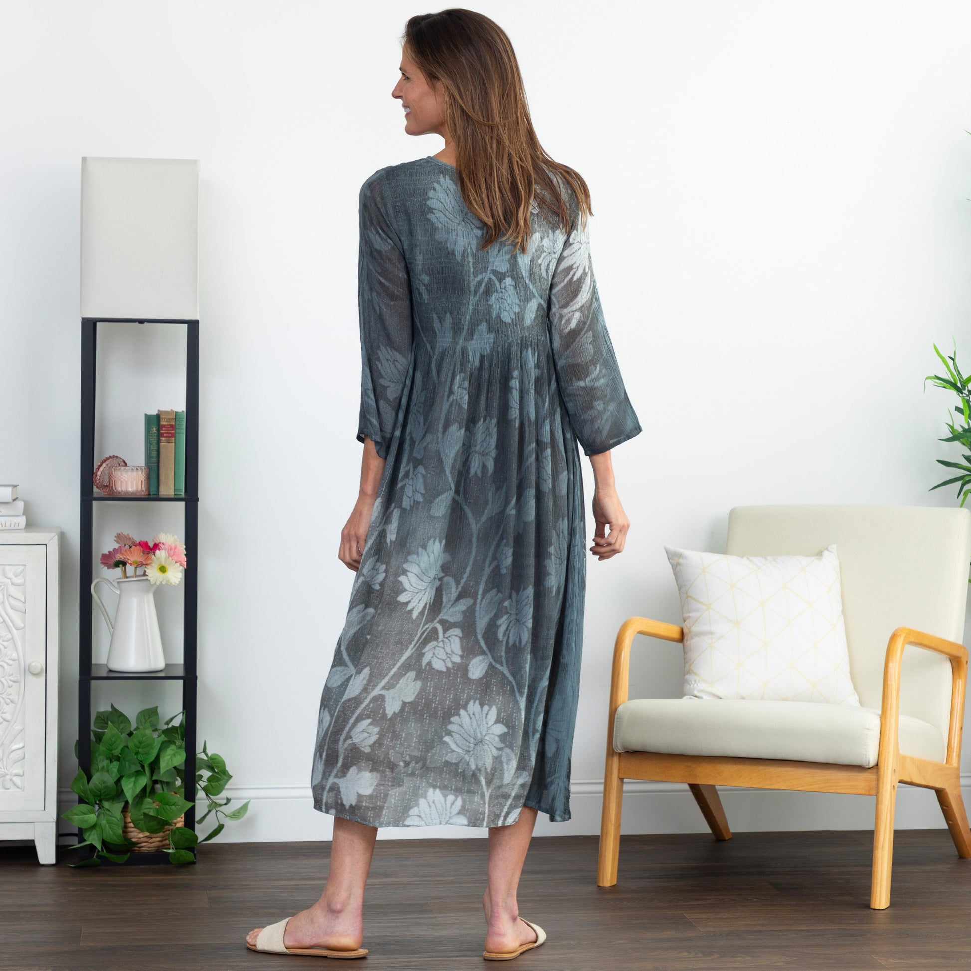 floral midi dress 3/4 sleeve Floral 3/4 Sleeve Square Neck Smocked Tiered Midi Dress