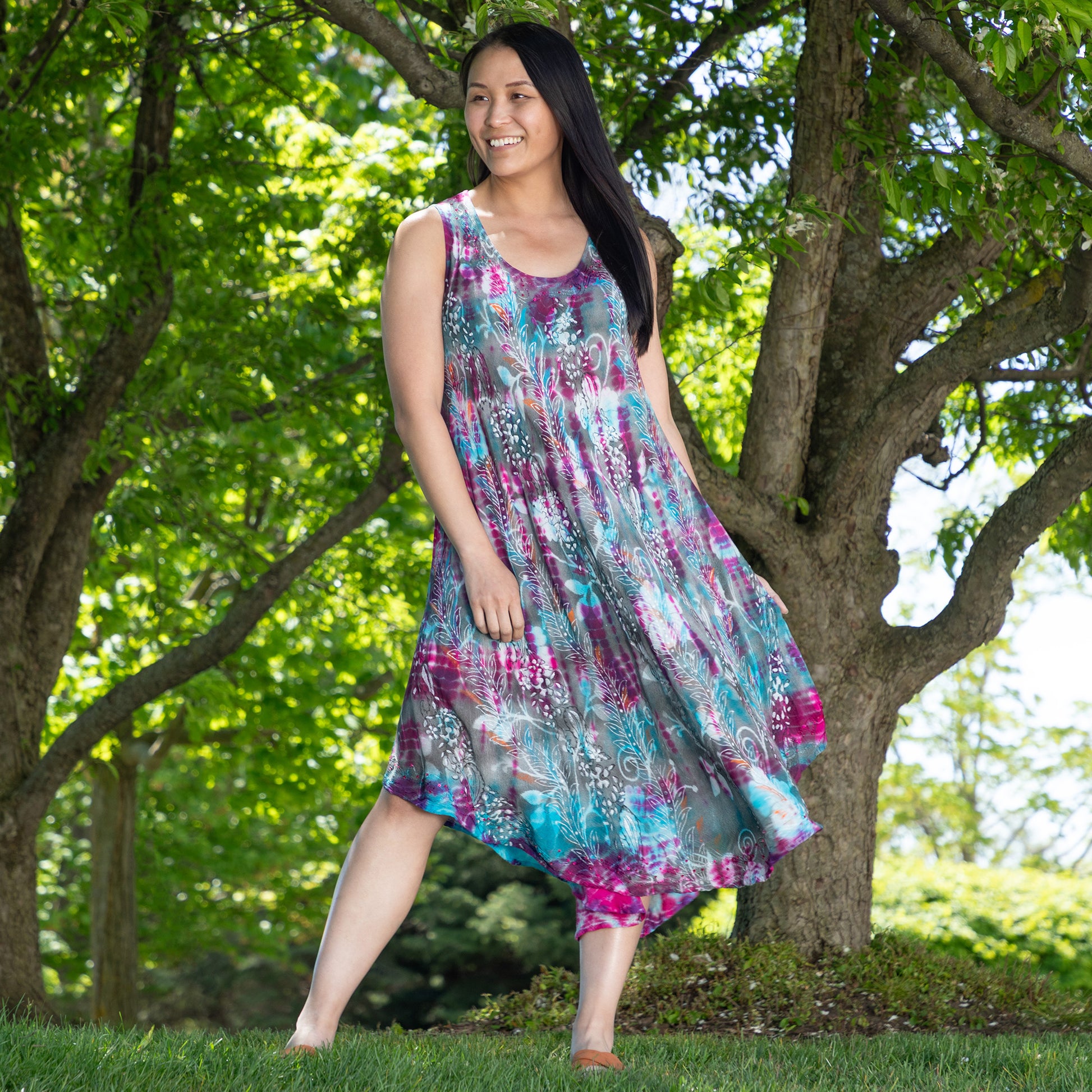 Sunset & Sea Tie-Dye Beaded Sleeveless Dress - Blue & Purple - OSFM Sunset & Sea Tie-Dye Beaded Sleeveless Dress - Blue & Purple - OSFM