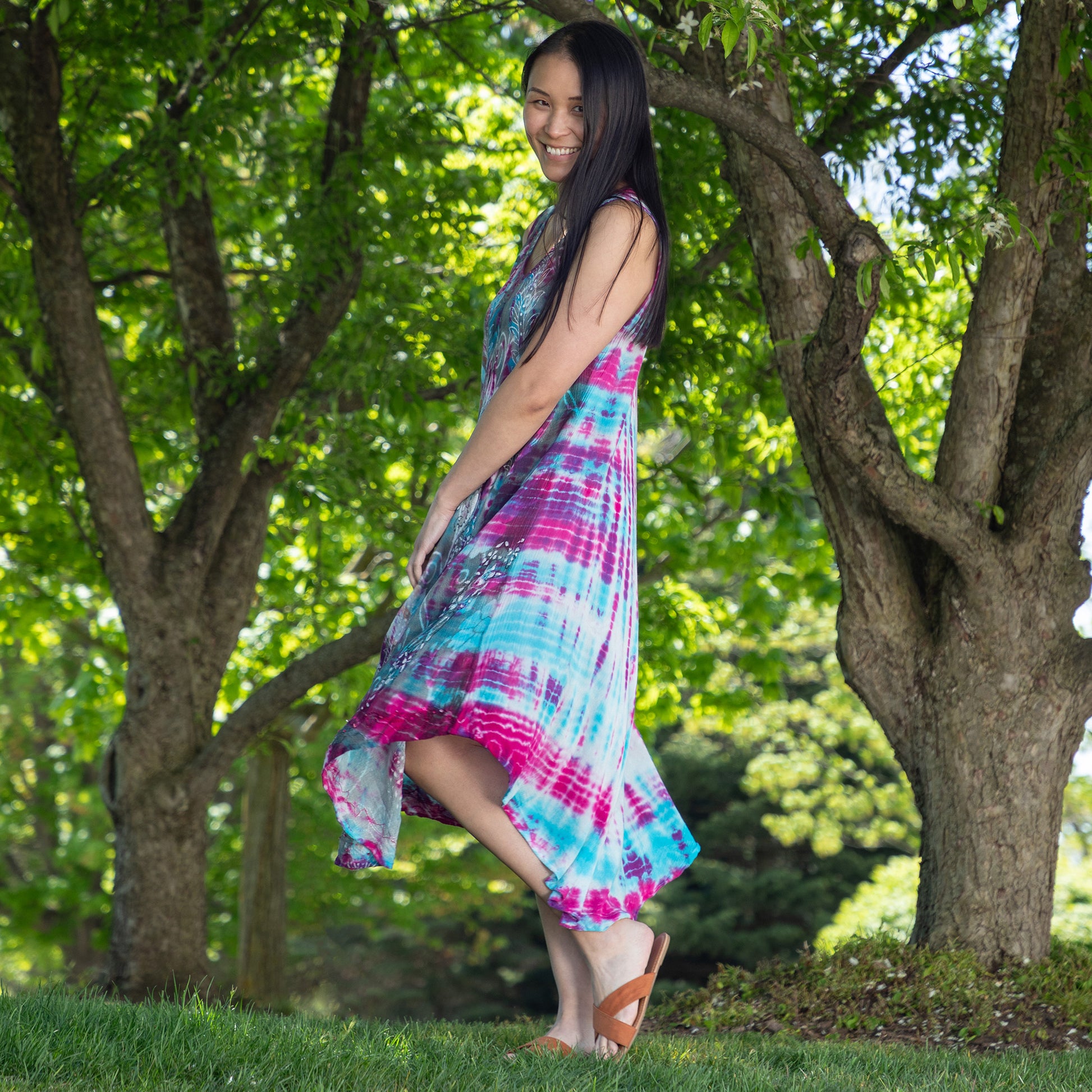 Sunset & Sea Tie-Dye Beaded Sleeveless Dress - Pink & Peach